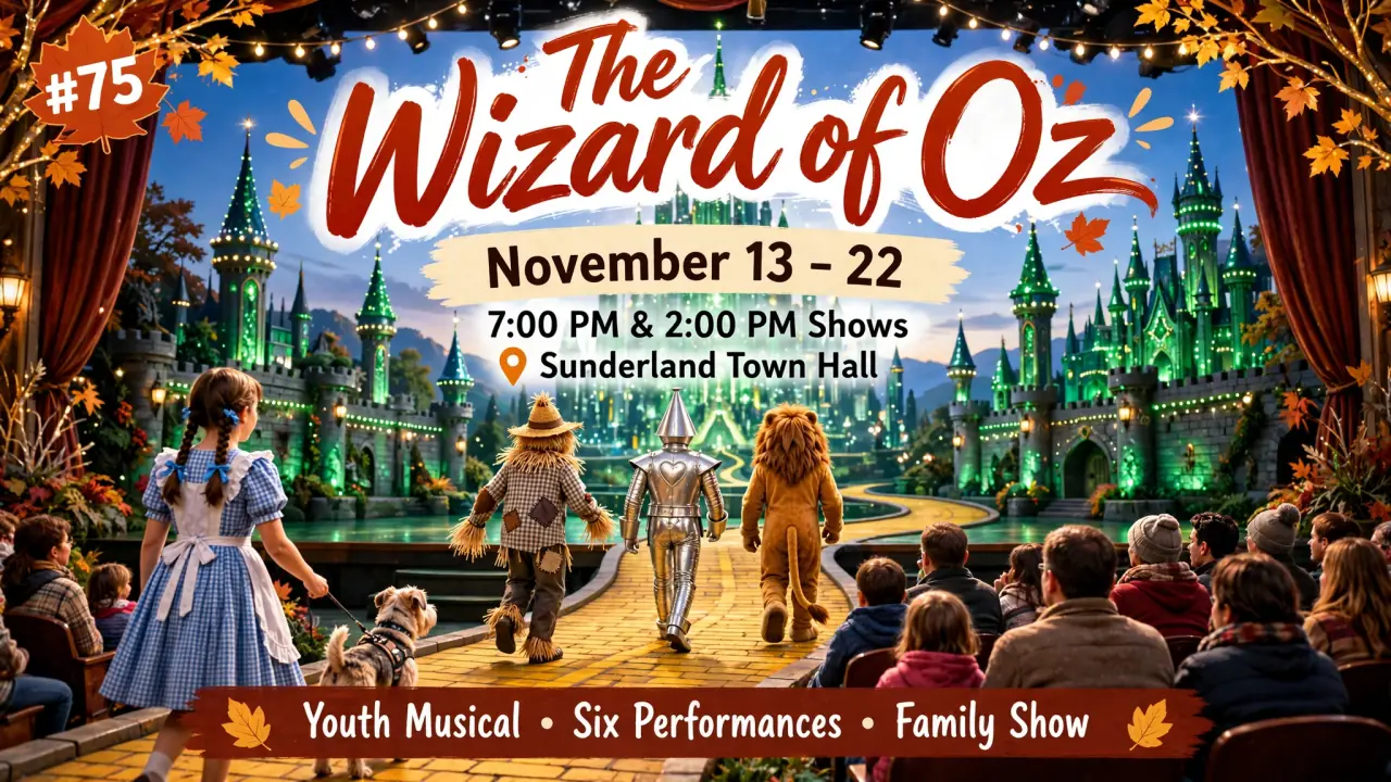 AI-generated illustration: Poster for The Wizard of Oz at Sunderland Town Hall, November 13 to 22: Dorothy, Scarecrow, Tin Man and Lion on the yellow brick road before the Emerald City