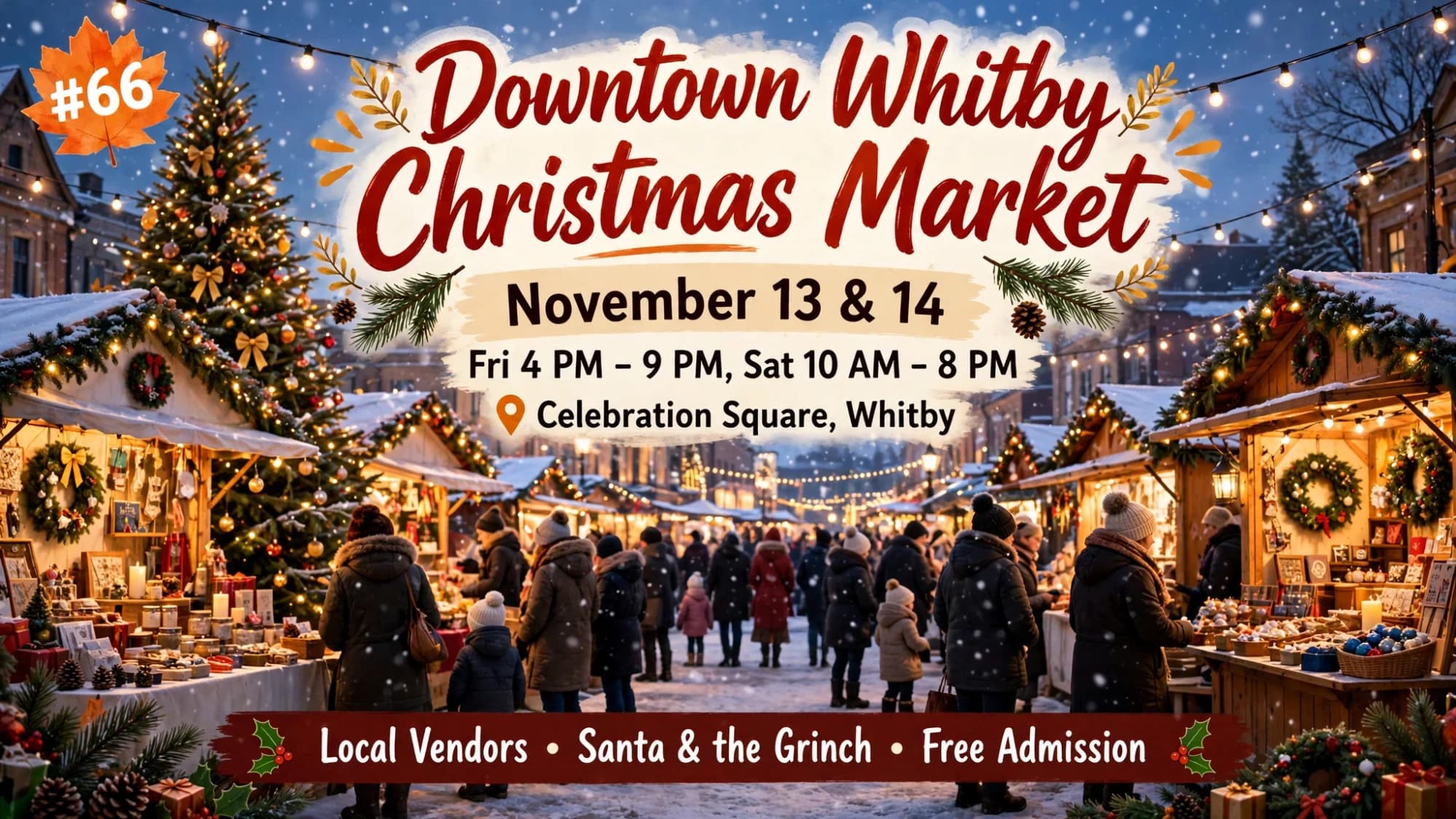 Poster for the Downtown Whitby Christmas Market at Celebration Square, November 13 and 14: outdoor vendor stalls, a Christmas tree and string lights in light snow