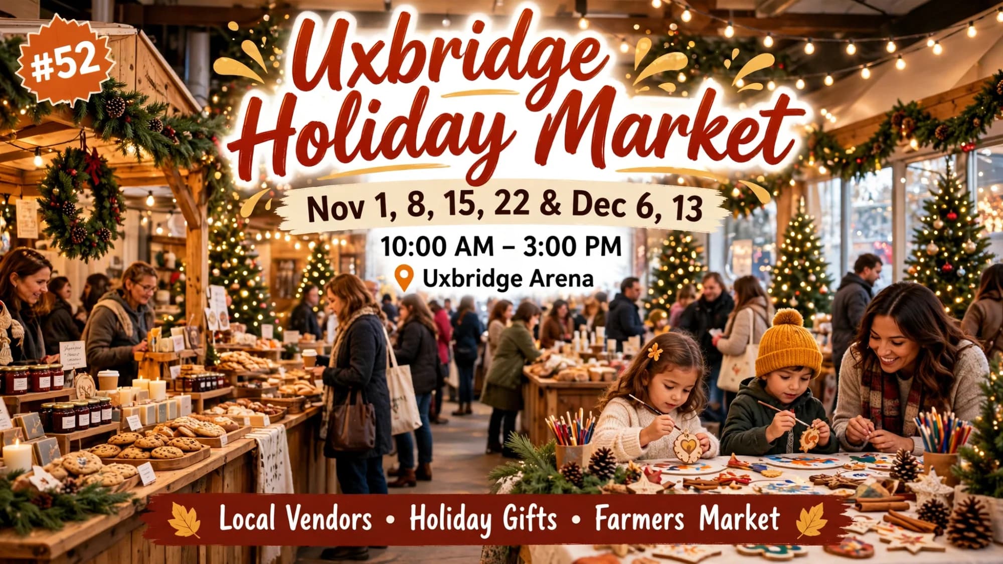 Poster for the Uxbridge Holiday Market on Sundays in November and December at Uxbridge Arena, with vendor stalls, baked goods and Christmas trees.