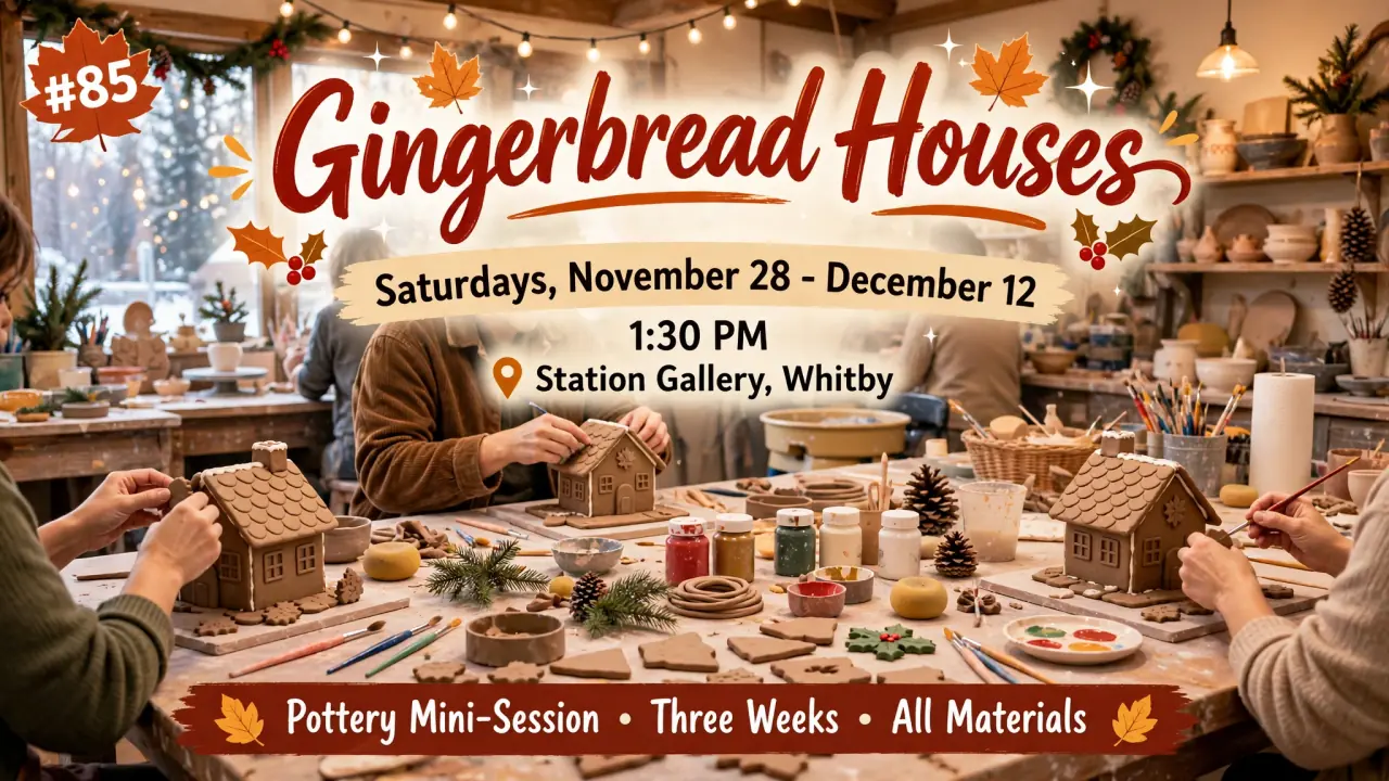 AI-generated illustration: Poster for Gingerbread Houses pottery sessions at Station Gallery, Whitby, Saturdays November 28 to December 12, 1:30 PM: hands building ceramic gingerbread houses