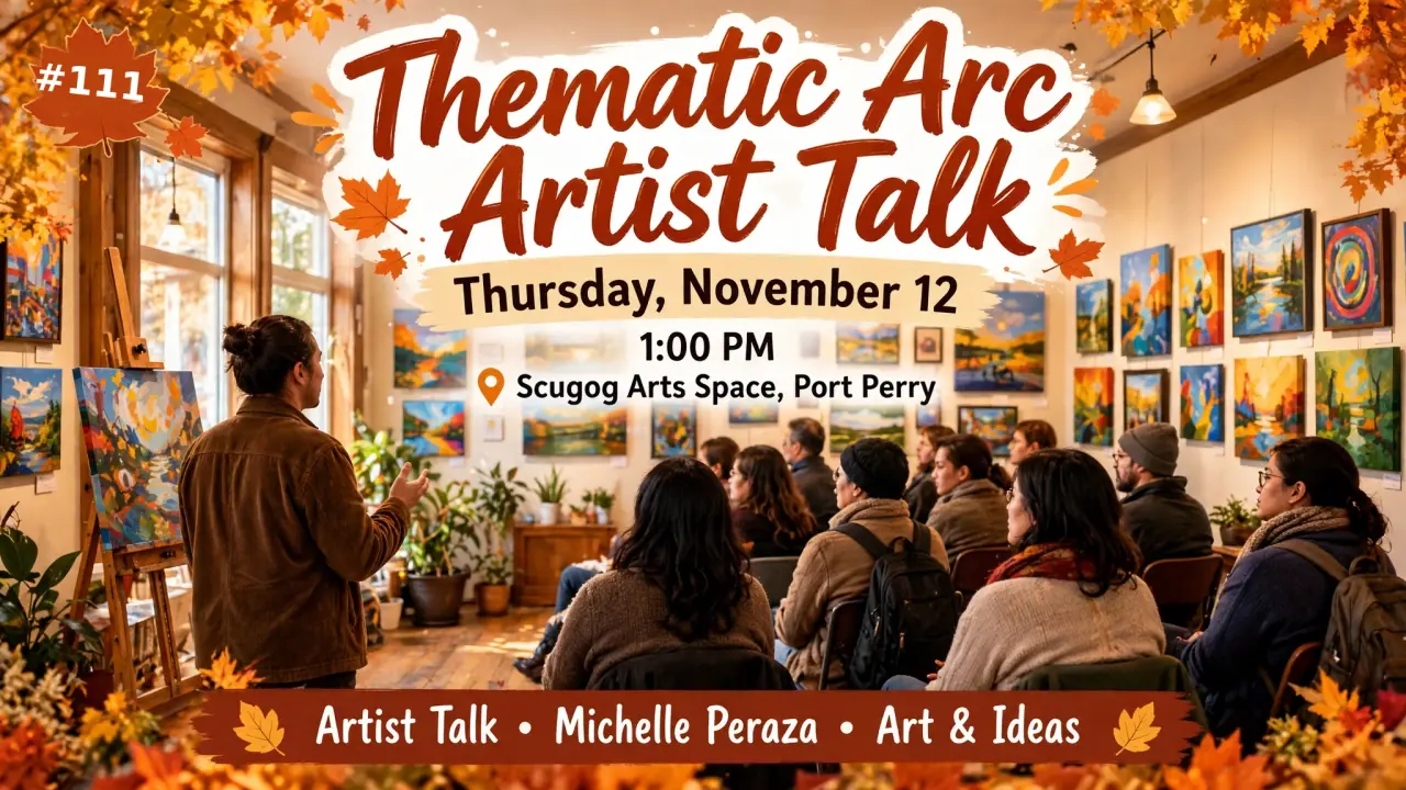 AI-generated illustration: Illustrated poster for the Thematic Arc artist talk at Scugog Arts Space, Port Perry, Thursday, November 12, 1:00 PM: artist speaking to an audience in a gallery