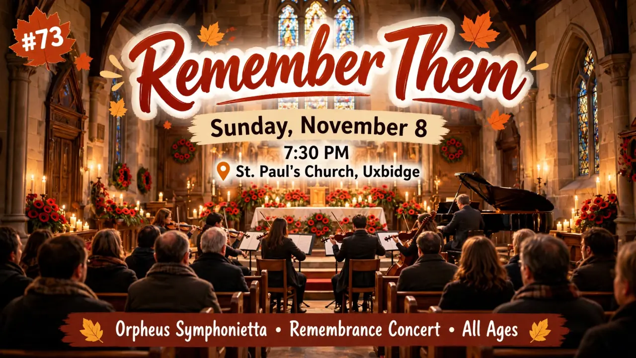 AI-generated illustration: Poster for Remember Them at St. Paul's Church, Uxbridge, Sunday, November 8, 7:30 PM: an orchestra performing in a church decorated with poppies