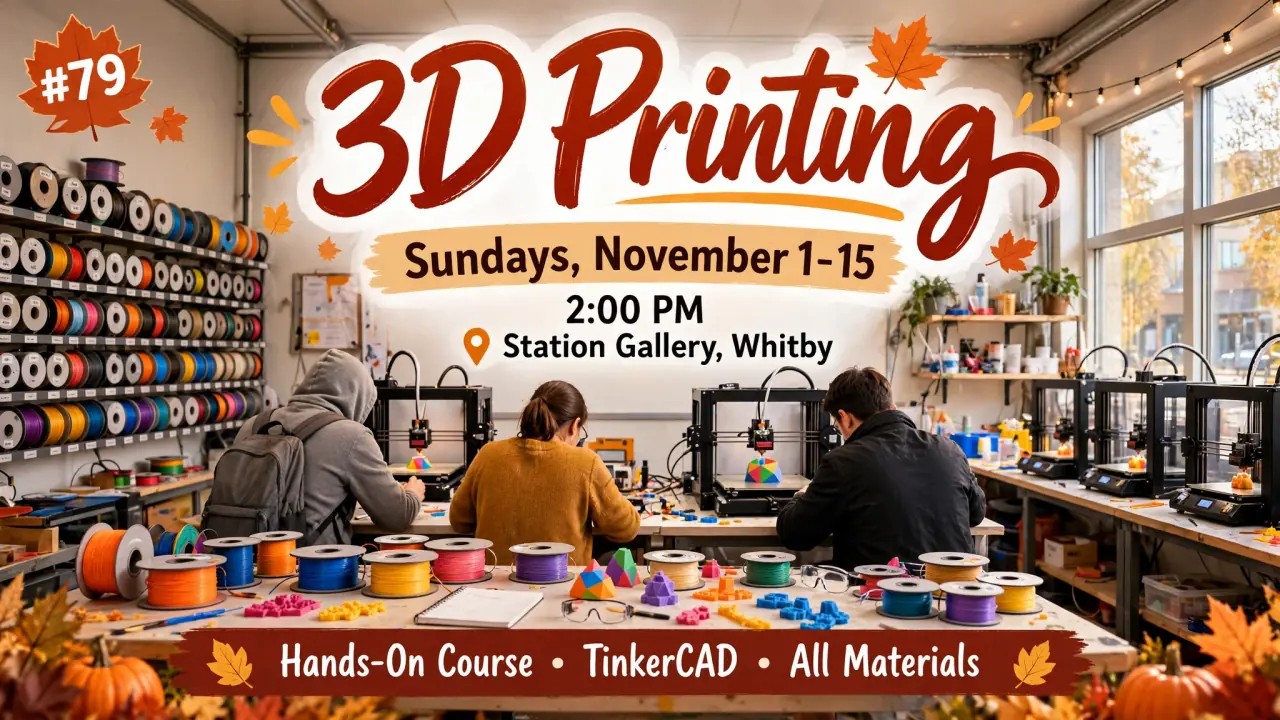 AI-generated illustration: Poster for 3D Printing at Station Gallery, Whitby, Sundays November 1 to 15, 2:00 PM: a workshop with 3D printers and colourful filament