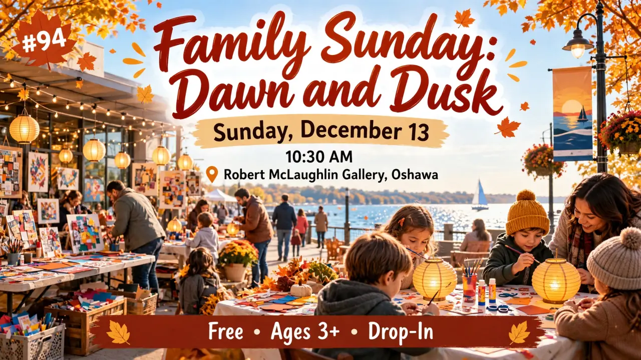 AI-generated illustration: Poster for Family Sunday: Dawn and Dusk at the Robert McLaughlin Gallery, Oshawa, Sunday, December 13, 10:30 AM: families decorating glowing lanterns
