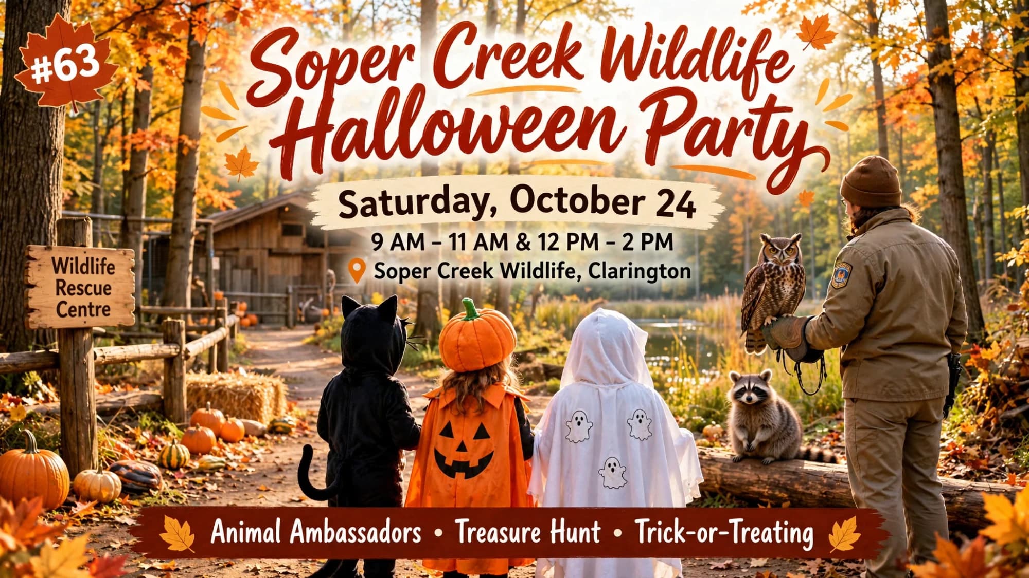 Poster for the Soper Creek Wildlife Halloween Party in Clarington, Saturday October 24: children in Halloween costumes meeting an owl and a raccoon at a wildlife rescue centre