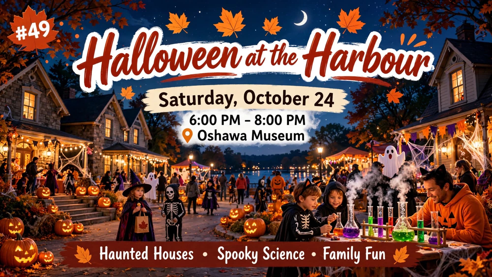 Poster for Halloween at the Harbour on Saturday, October 24 at the Oshawa Museum, with haunted houses, spooky science and costumed families.