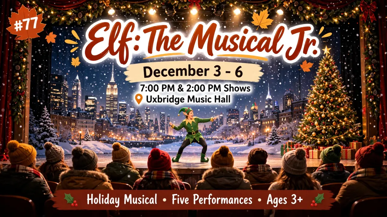 AI-generated illustration: Poster for Elf: The Musical Jr. at Uxbridge Music Hall, December 3 to 6: an elf performer on stage before a snowy New York skyline