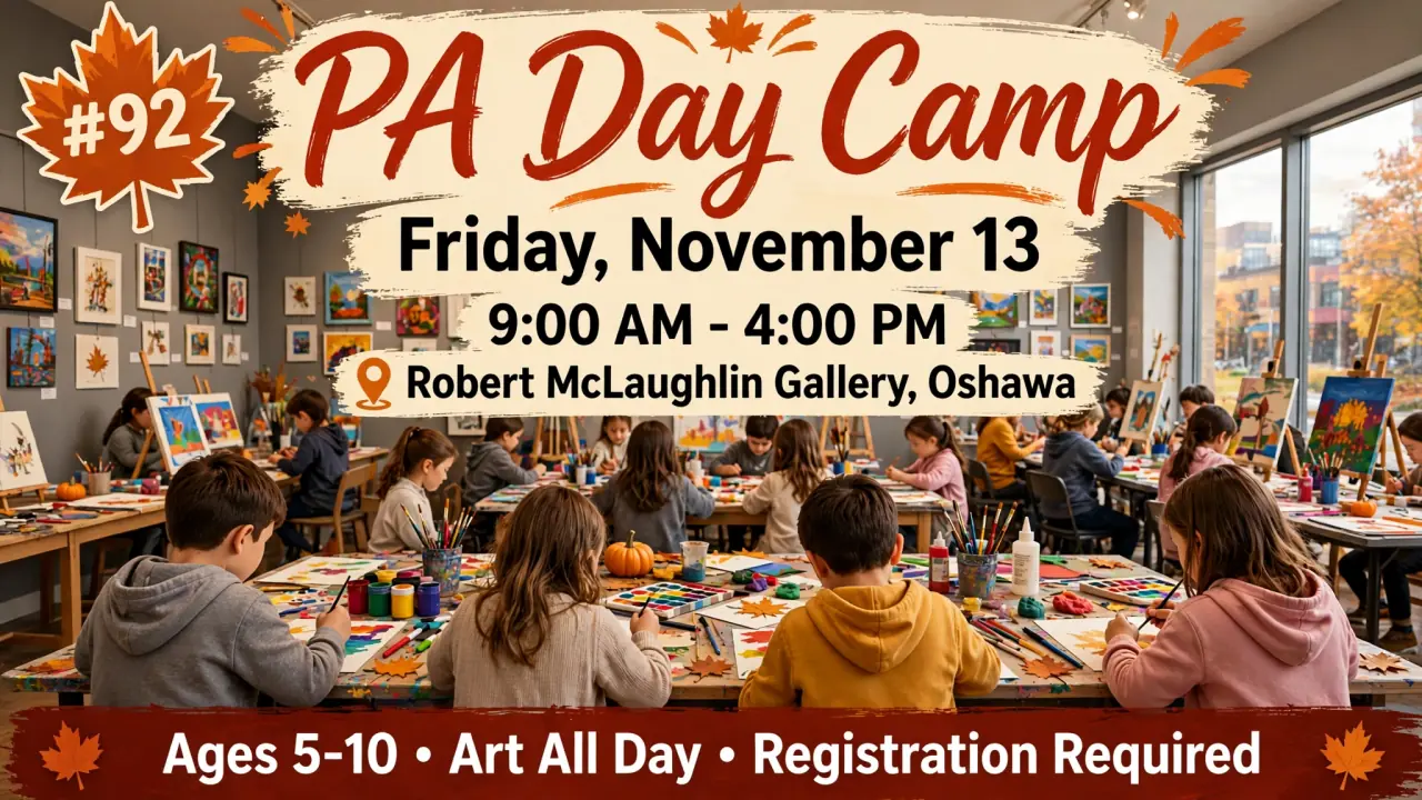 AI-generated illustration: Poster for PA Day Camp at the Robert McLaughlin Gallery, Oshawa, Friday, November 13, 9:00 AM to 4:00 PM: children painting at tables in a gallery