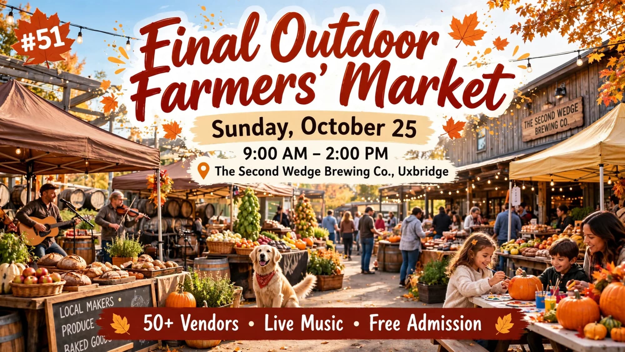 Poster for the Final Outdoor Farmers' Market on Sunday, October 25 at The Second Wedge Brewing Co. in Uxbridge, with vendor stalls, musicians and a dog.
