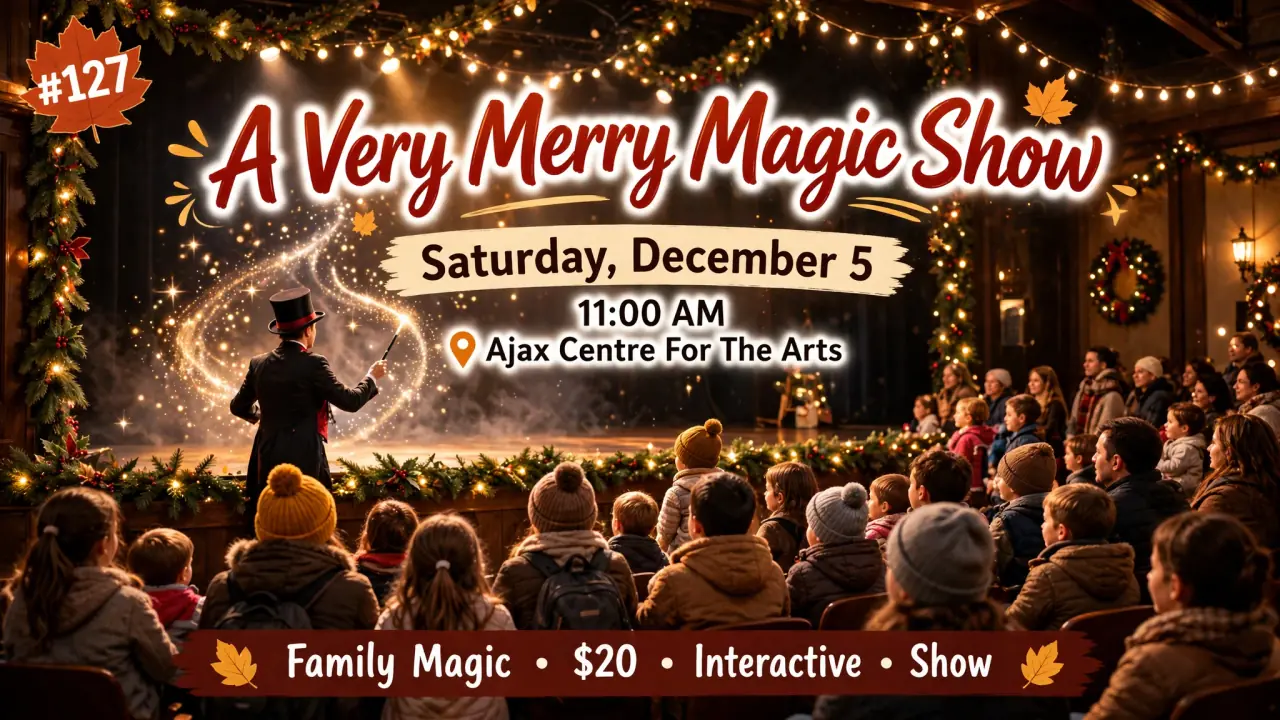 AI-generated illustration: Illustrated poster for A Very Merry Magic Show at Ajax Centre for the Arts, Saturday, December 5, 11:00 AM: magician on a festive stage before a family audience