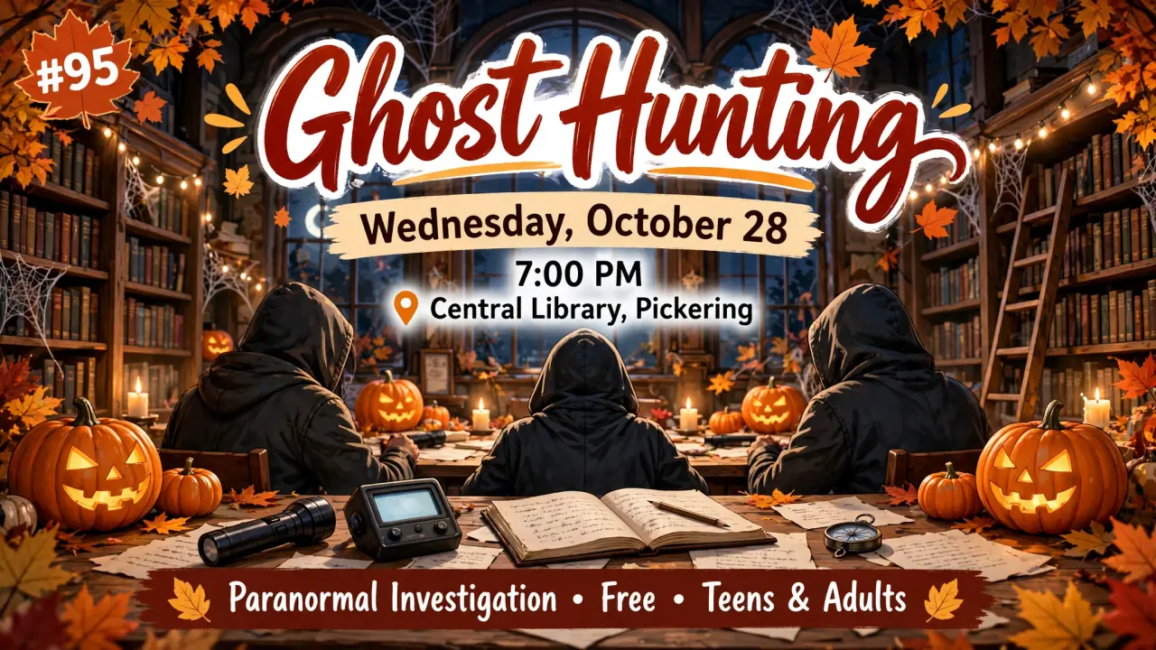AI-generated illustration: Illustrated poster for Ghost Hunting at Central Library, Pickering, Wednesday, October 28, 7:00 PM: hooded figures with ghost-hunting gear among bookshelves and jack-o-lanterns