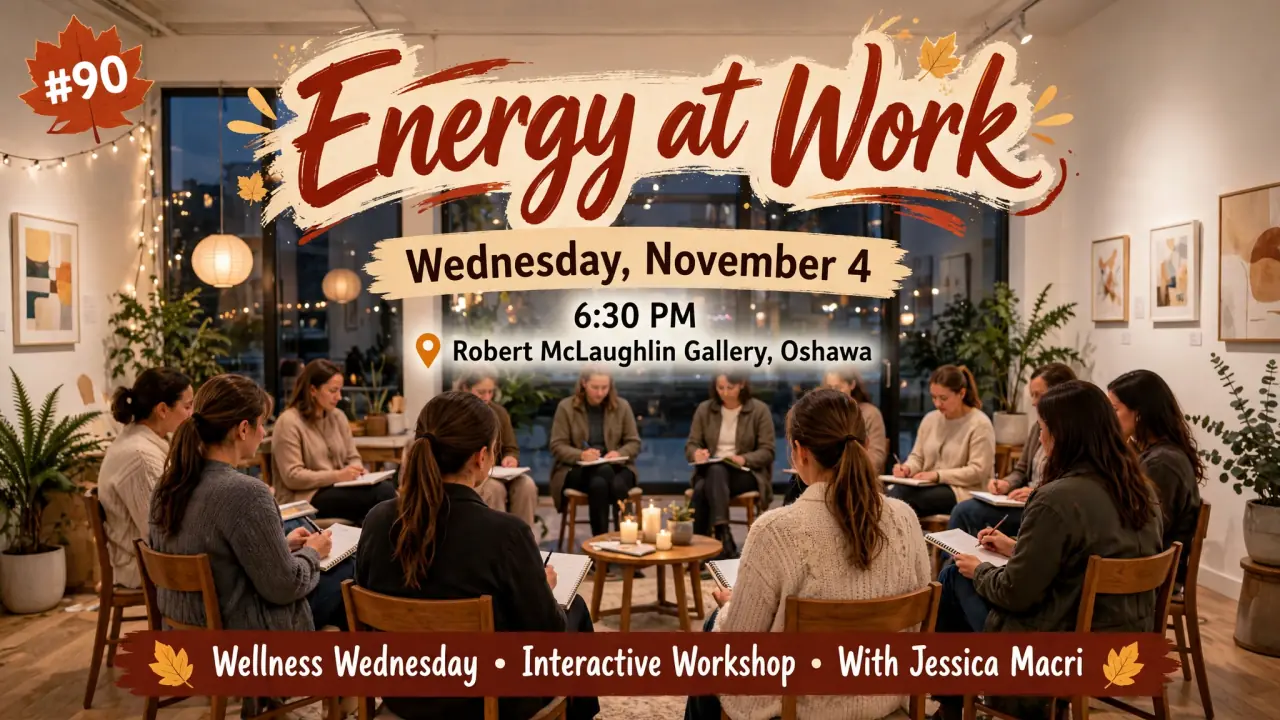AI-generated illustration: Poster for Energy at Work at the Robert McLaughlin Gallery, Oshawa, Wednesday, November 4, 6:30 PM: a wellness workshop circle with notebooks