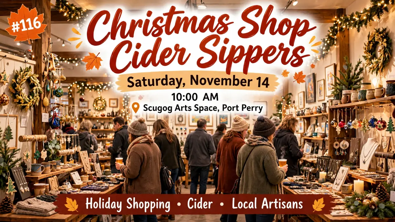 AI-generated illustration: Illustrated poster for Christmas Shop Cider Sippers at Scugog Arts Space, Port Perry, Saturday, November 14, 10:00 AM: holiday gift shop with cider and handmade crafts