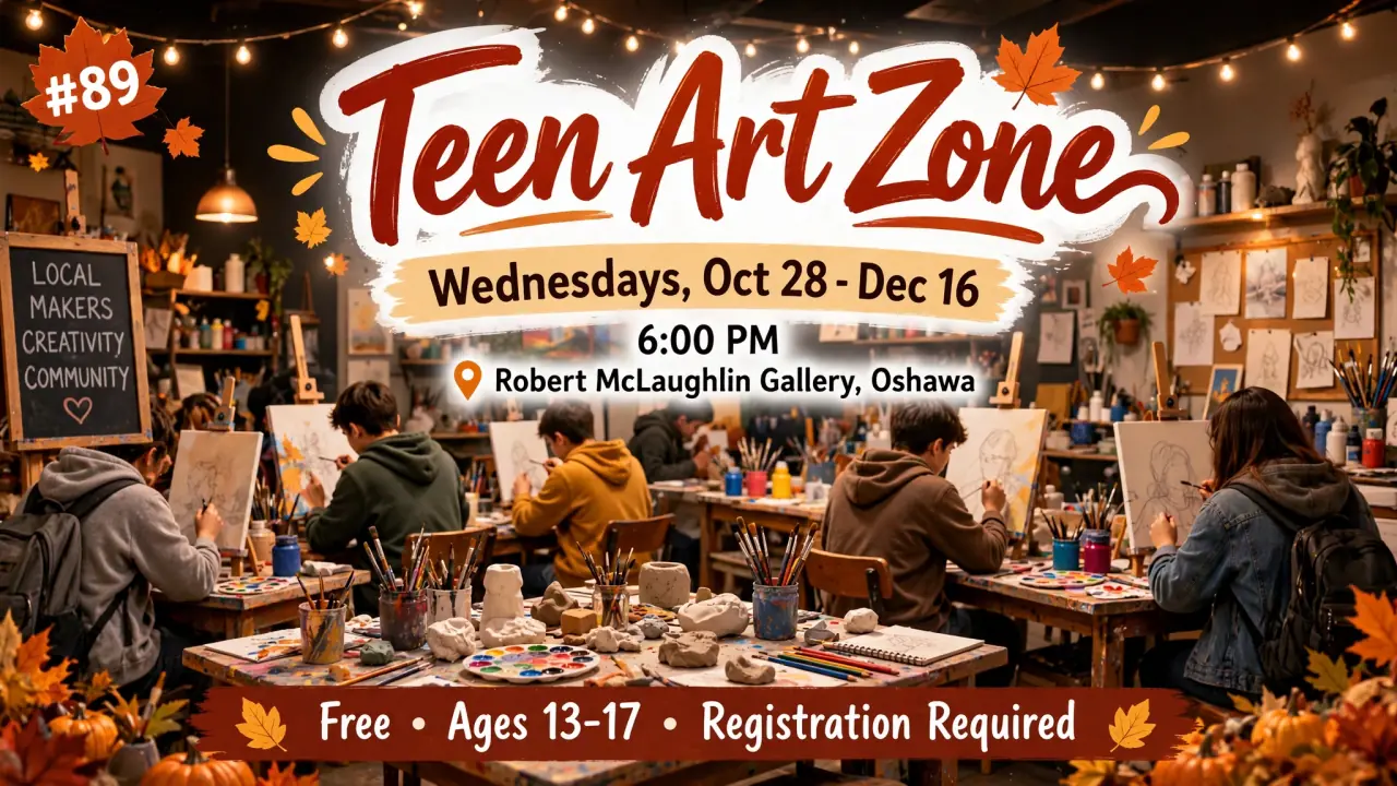 AI-generated illustration: Poster for Teen Art Zone at the Robert McLaughlin Gallery, Oshawa, Wednesdays October 28 to December 16, 6:00 PM: teens painting and sculpting in a dim studio