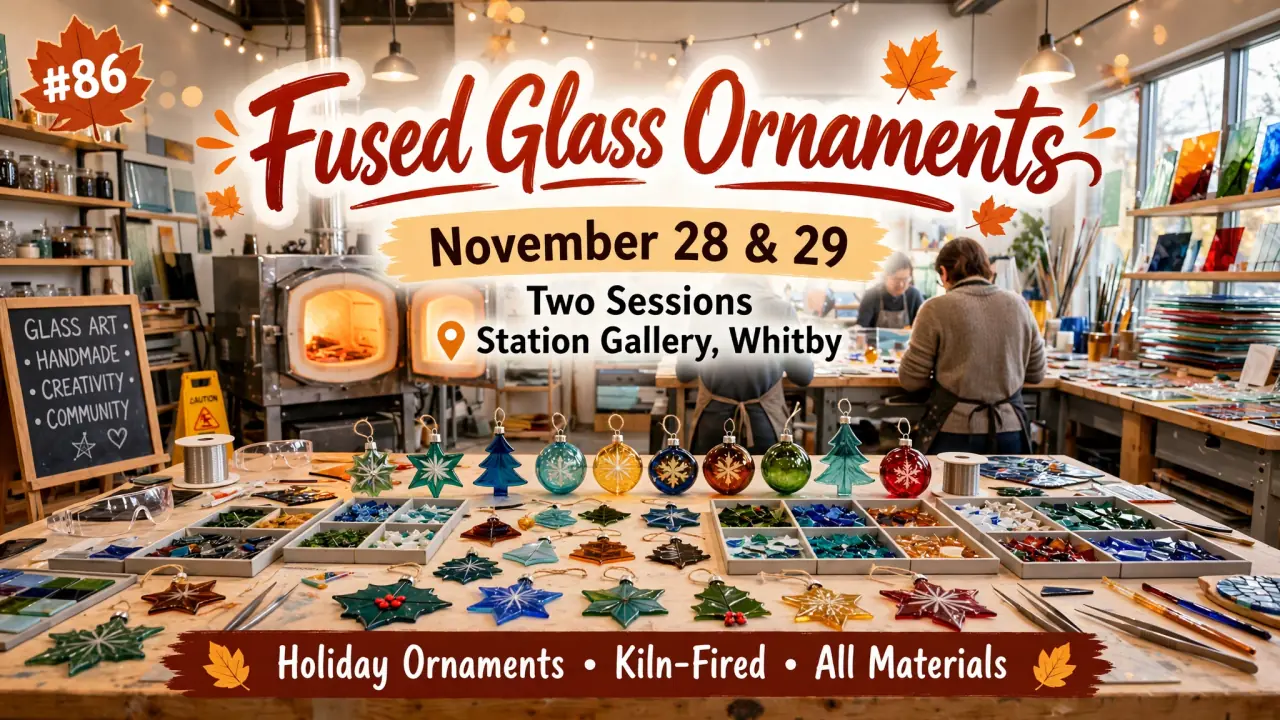 AI-generated illustration: Poster for Fused Glass Ornaments at Station Gallery, Whitby, November 28 and 29: colourful glass ornaments and a glowing kiln