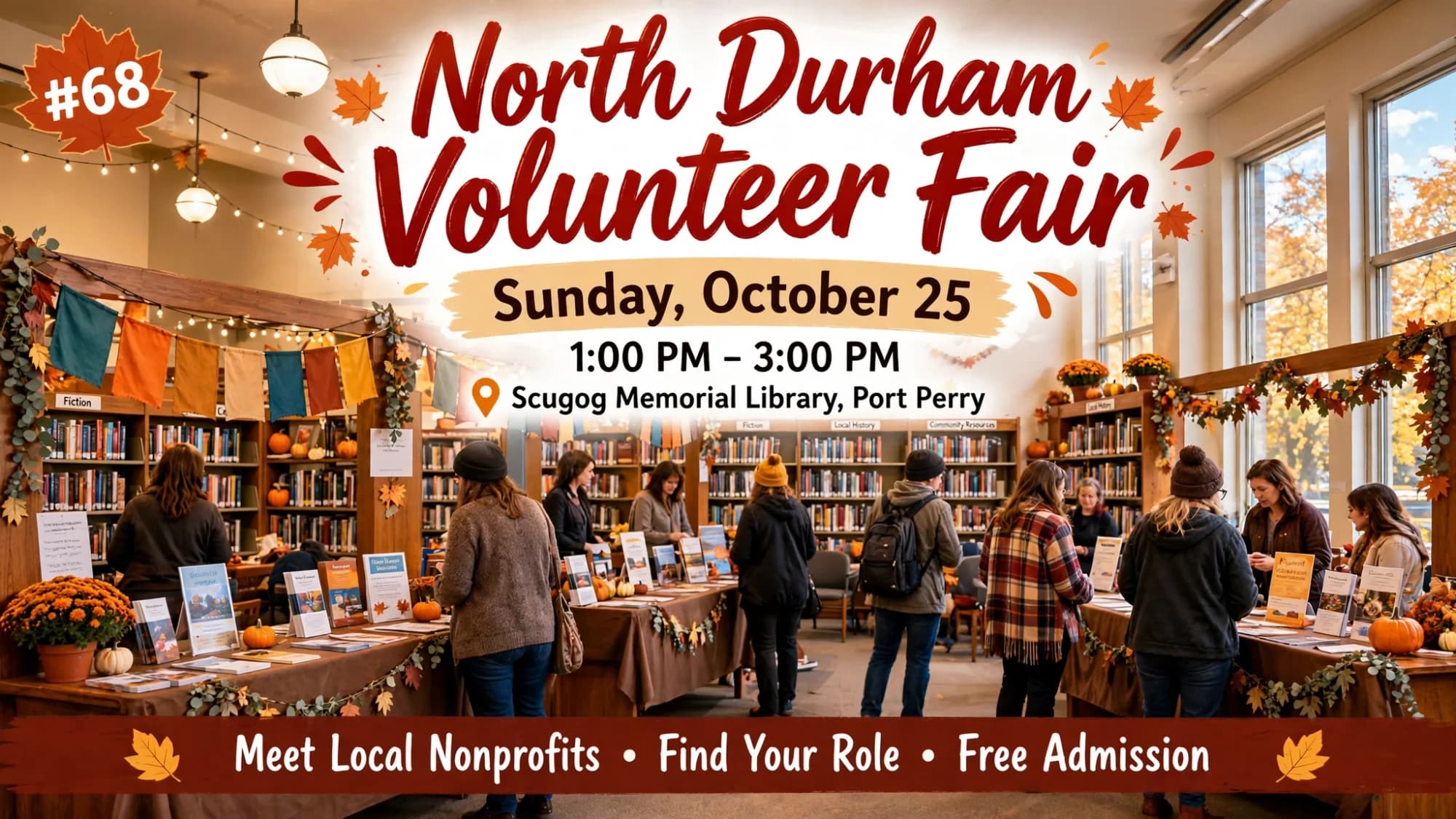 Poster for the North Durham Volunteer Fair at Scugog Memorial Public Library in Port Perry, Sunday October 25, 1 to 3 PM: nonprofit booth tables inside a library