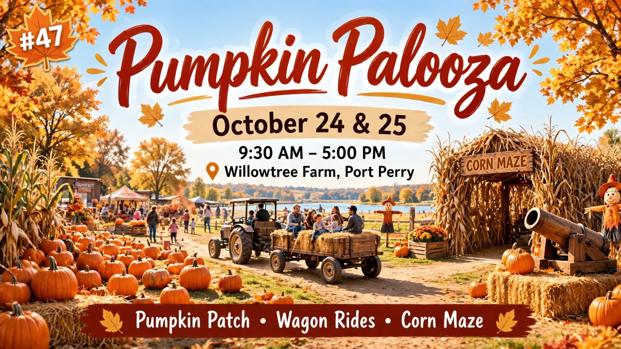 Poster for Pumpkin Palooza, October 24 and 25 at Willowtree Farm in Port Perry, with a pumpkin patch, wagon ride and corn maze.