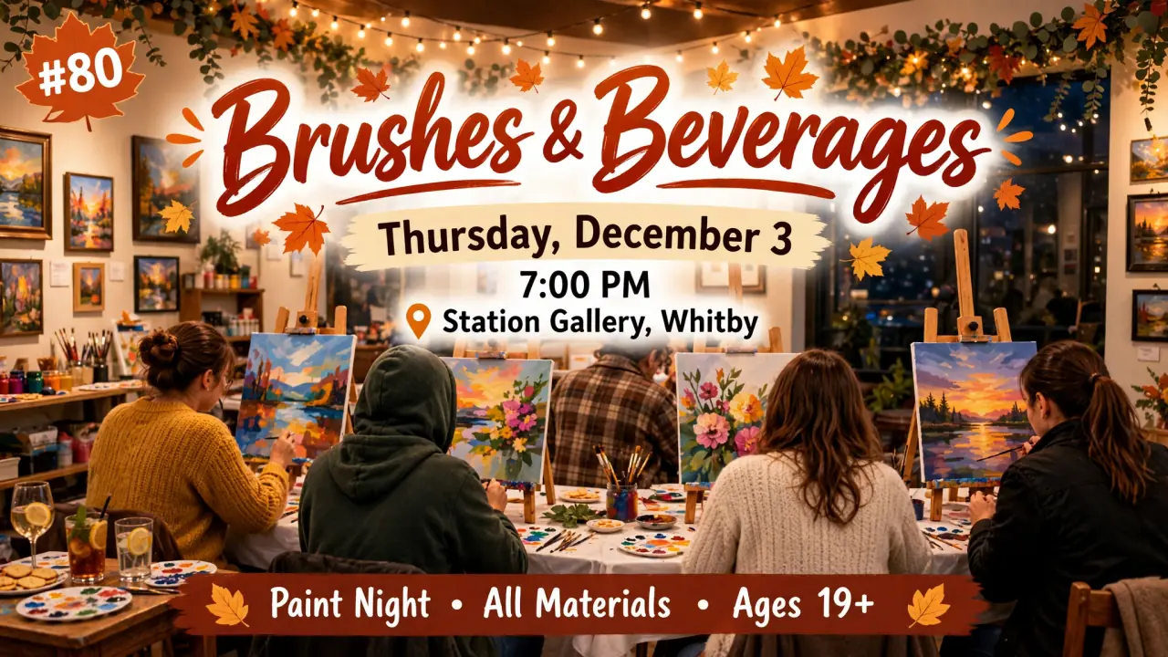 AI-generated illustration: Poster for Brushes & Beverages paint night at Station Gallery, Whitby, Thursday, December 3, 7:00 PM: painters at easels with beverages