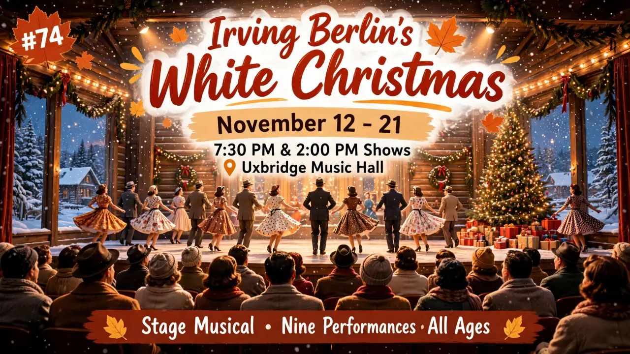 AI-generated illustration: Poster for Irving Berlin's White Christmas at Uxbridge Music Hall, November 12 to 21: dancers in 1950s dress on a snowy inn stage set