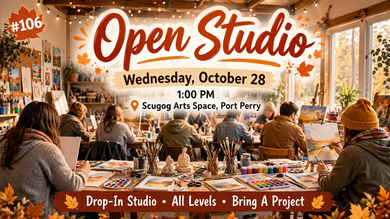 AI-generated illustration: Illustrated poster for Open Studio at Scugog Arts Space, Port Perry, Wednesday, October 28, 1:00 PM: artists working at shared studio tables