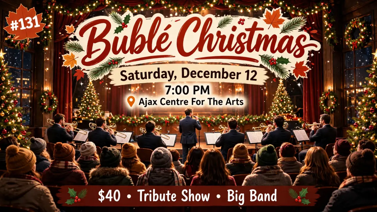 AI-generated illustration: Illustrated poster for Bublé Christmas at Ajax Centre for the Arts, Saturday, December 12, 7:00 PM: big-band Christmas concert on stage