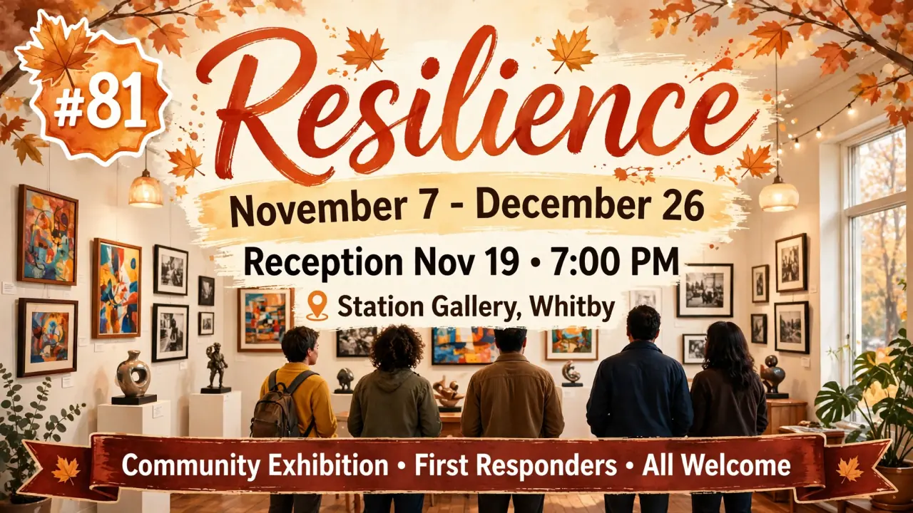 AI-generated illustration: Poster for Resilience exhibition at Station Gallery, Whitby, November 7 to December 26, reception November 19, 7:00 PM: visitors viewing artworks in a gallery