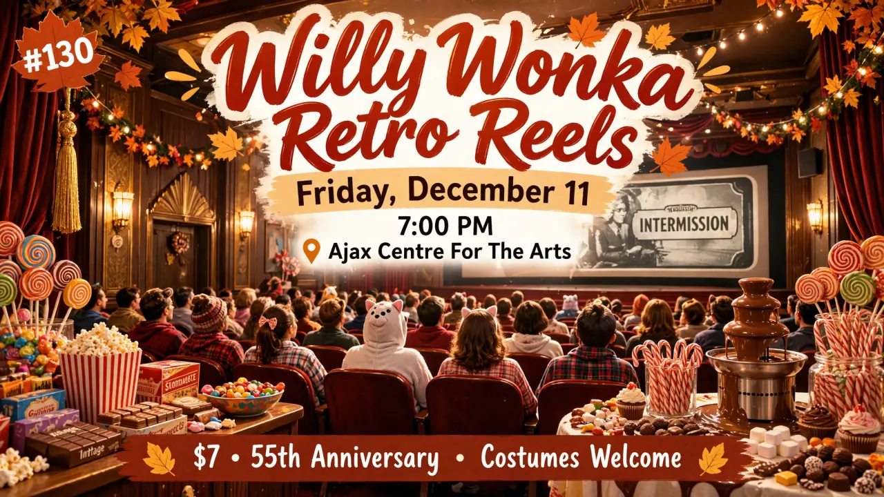 AI-generated illustration: Illustrated poster for Retro Reels: Willy Wonka at Ajax Centre for the Arts, Friday, December 11, 7:00 PM: vintage cinema with candy and chocolate displays