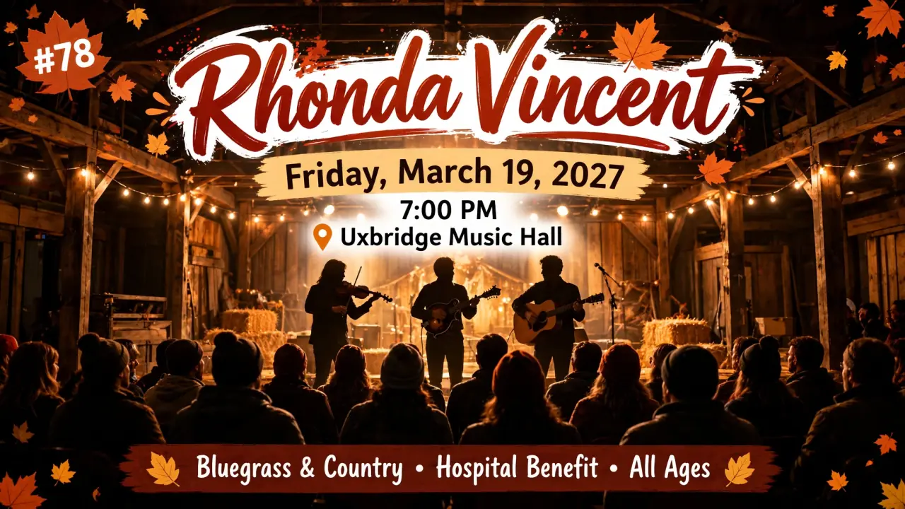 AI-generated illustration: Poster for Rhonda Vincent at Uxbridge Music Hall, Friday, March 19, 2027, 7:00 PM: bluegrass musicians with fiddle, mandolin and guitar on a barn stage