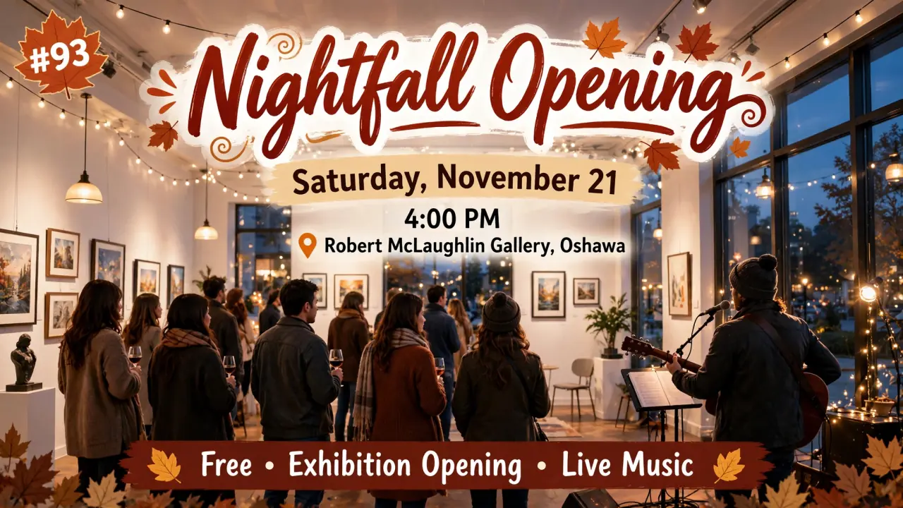 AI-generated illustration: Poster for Nightfall Opening at the Robert McLaughlin Gallery, Oshawa, Saturday, November 21, 4:00 PM: an evening exhibition opening with a musician