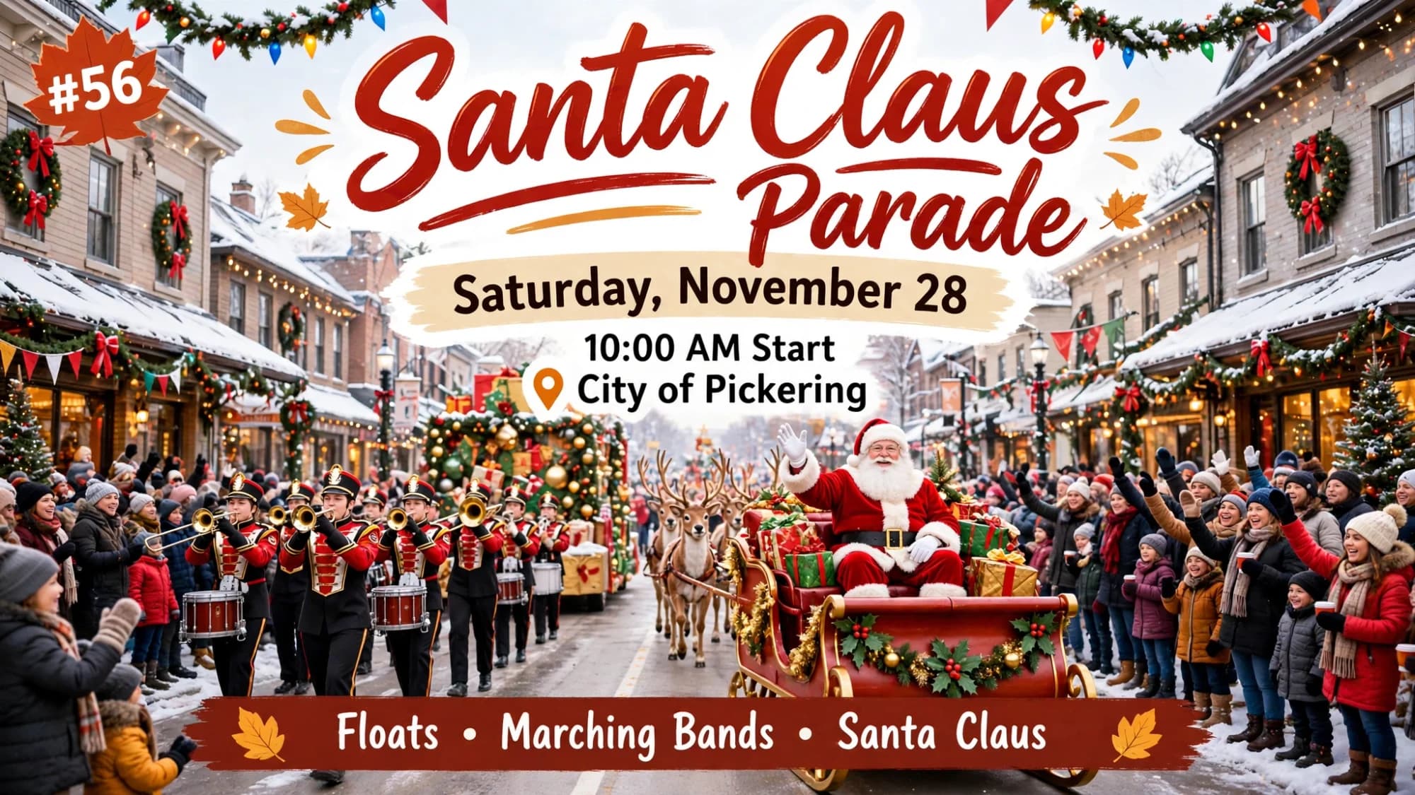 Poster for the Pickering Santa Claus Parade on Saturday, November 28, with floats, a marching band and Santa in his sleigh.