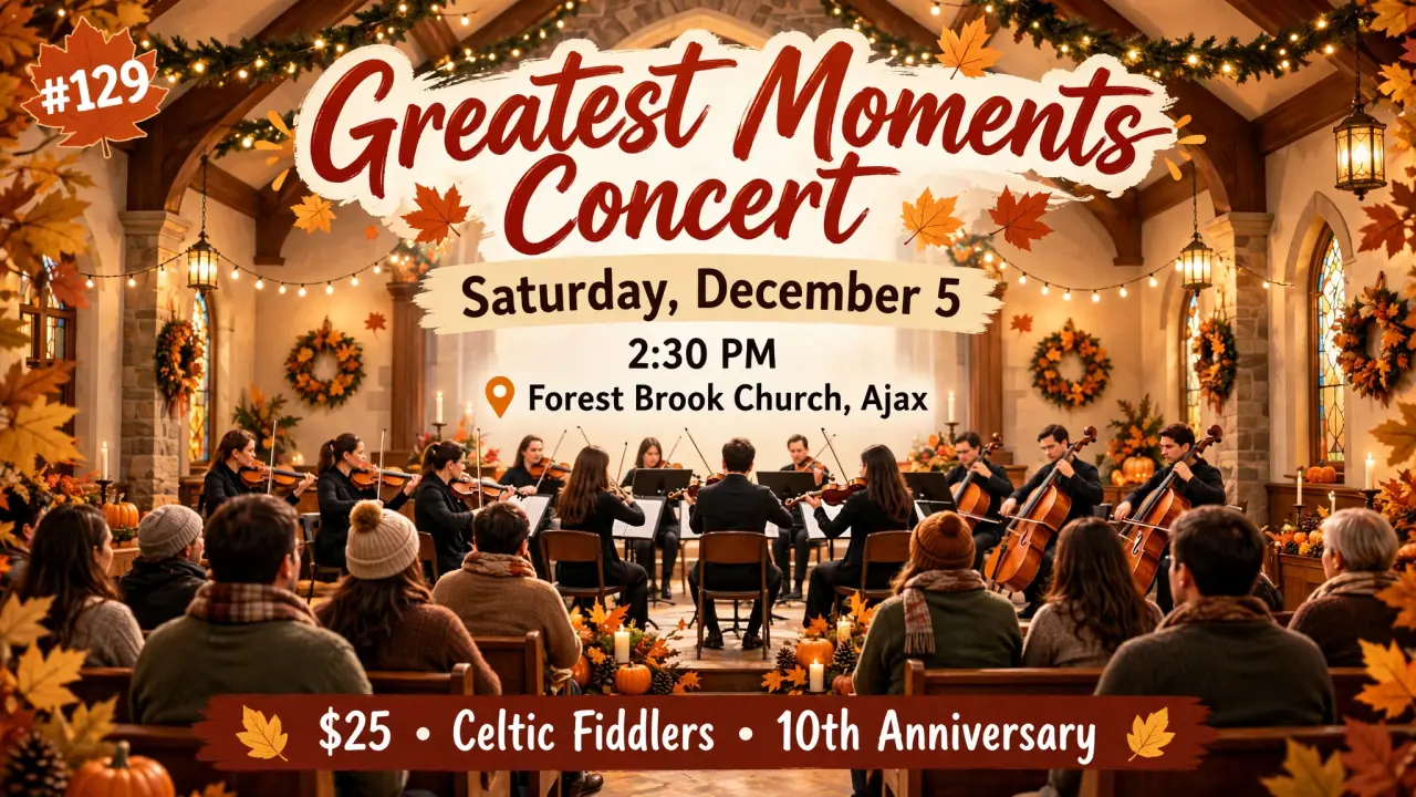 AI-generated illustration: Illustrated poster for the Music4Life Greatest Moments concert at Forest Brook Church, Ajax, Saturday, December 5, 2:30 PM: string orchestra in a church hall