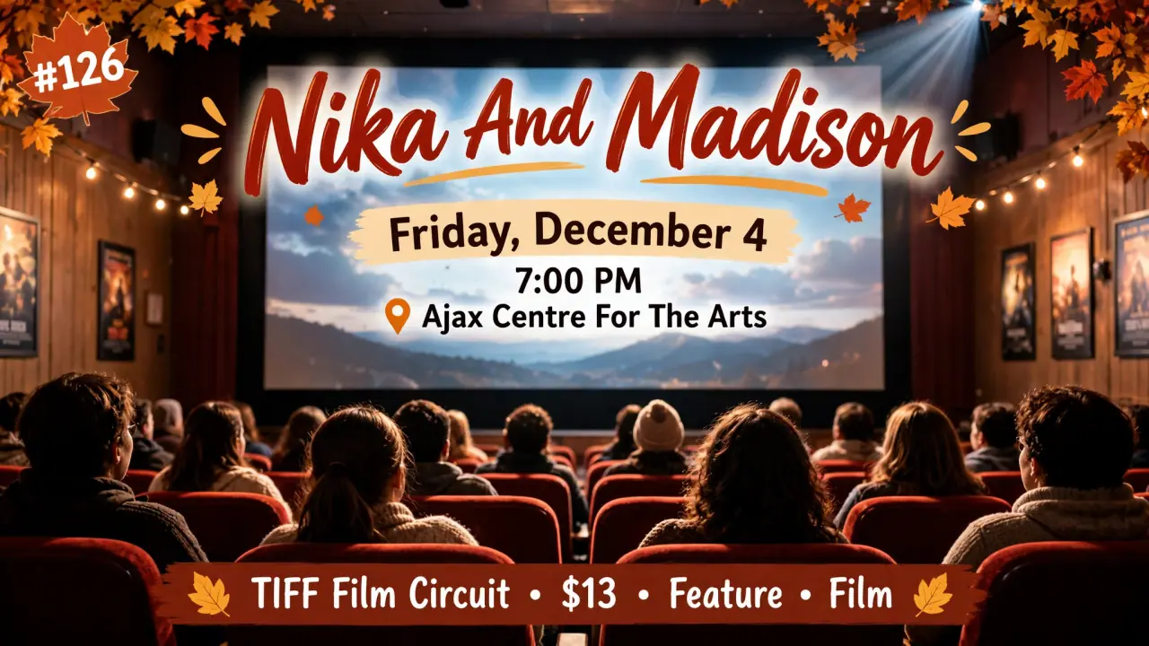 AI-generated illustration: Illustrated poster for the TIFF Film Circuit screening of Nika and Madison at Ajax Centre for the Arts, Friday, December 4, 7:00 PM: cinema audience watching a film